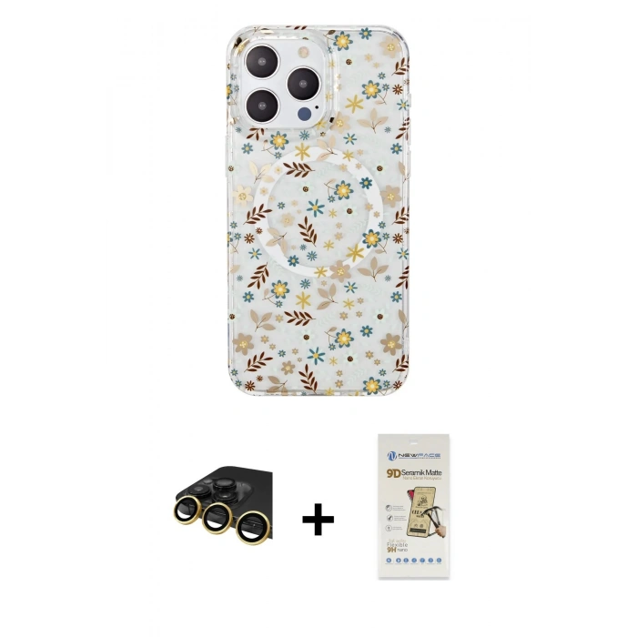 MARSİLYAN™- iPhone 14 Pro Max Kılıf Pusula Form - Siyah Mat Seramik Nano Ekran Koruyucu + Raze Metal Kamera Lens - GD