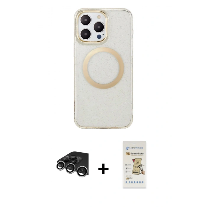 MARSİLYAN™- iPhone 14 Pro Max Kılıf Pusula Form - Siyah Mat Seramik Nano Ekran Koruyucu + Raze Metal Kamera Lens - GS