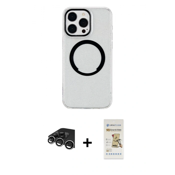 MARSİLYAN™- iPhone 14 Pro Max Kılıf Pusula Form - Siyah Mat Seramik Nano Ekran Koruyucu + Raze Metal Kamera Lens - GS