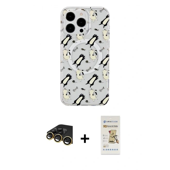 MARSİLYAN™- iPhone 14 Pro Max Kılıf Pusula Form - Siyah Mat Seramik Nano Ekran Koruyucu + Raze Metal Kamera Lens - GD