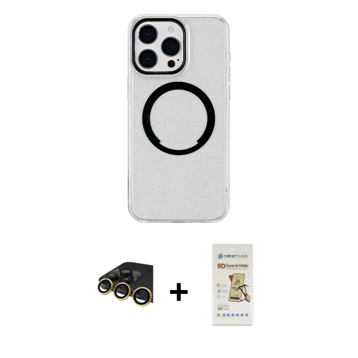 MARSİLYAN™- iPhone 14 Pro Max Kılıf Pusula Form - Siyah Mat Seramik Nano Ekran Koruyucu + Raze Metal Kamera Lens - GD