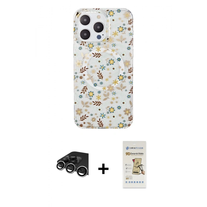 MARSİLYAN™- iPhone 14 Pro Max Kılıf Pusula Form - Siyah Mat Seramik Nano Ekran Koruyucu + Raze Metal Kamera Lens - GS