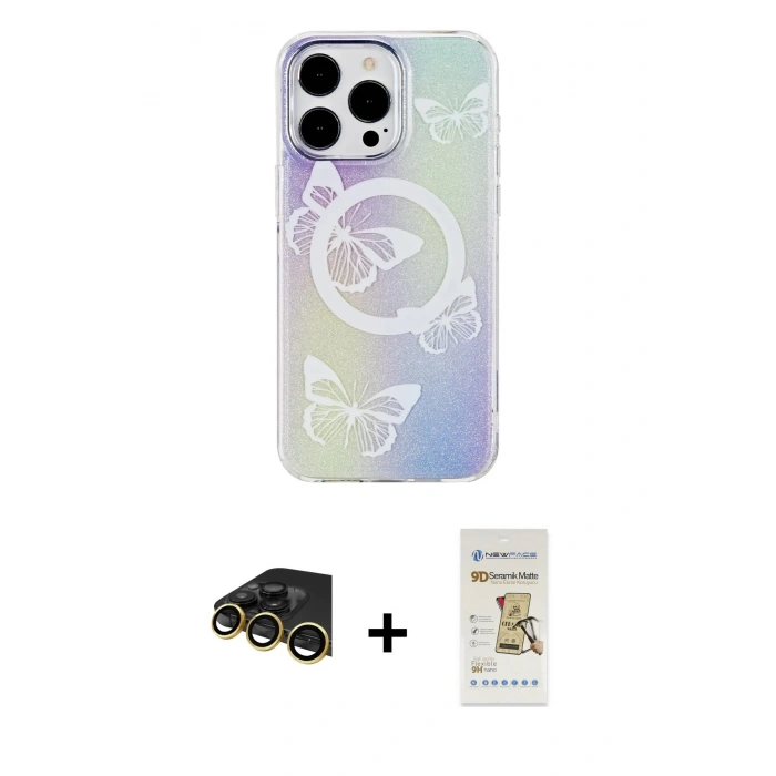 MARSİLYAN™- iPhone 14 Pro Max Kılıf Pusula Form - Siyah Mat Seramik Nano Ekran Koruyucu + Raze Metal Kamera Lens - GD