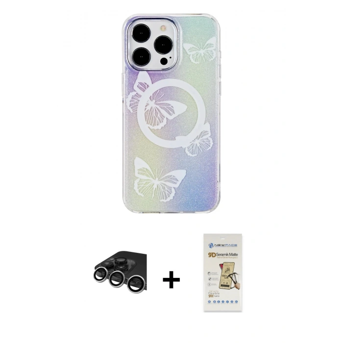 MARSİLYAN™- iPhone 14 Pro Max Kılıf Pusula Form - Siyah Mat Seramik Nano Ekran Koruyucu + Raze Metal Kamera Lens - GS