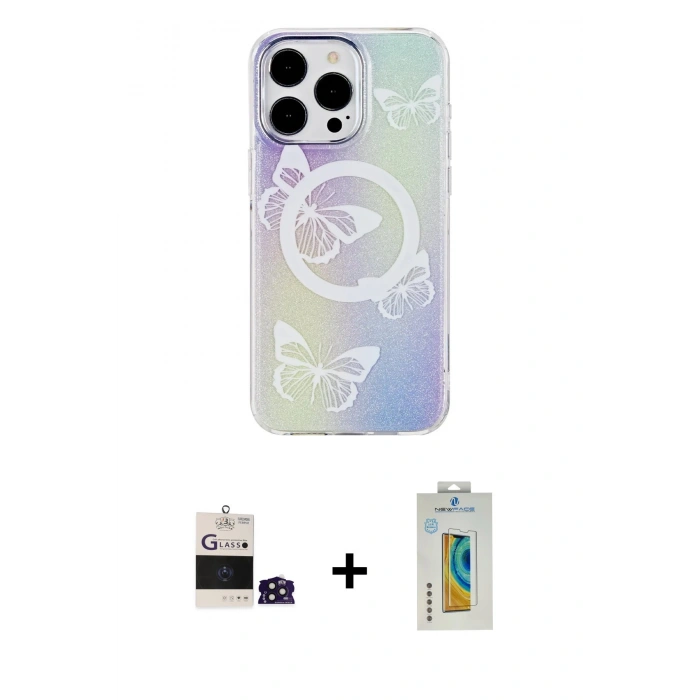 MARSİLYAN™- iPhone 14 Pro Max Kılıf Pusula Form - Siyah Polymer Nano Ekran Koruyucu + Derin Mor Bilvis Titan Kamera Lens