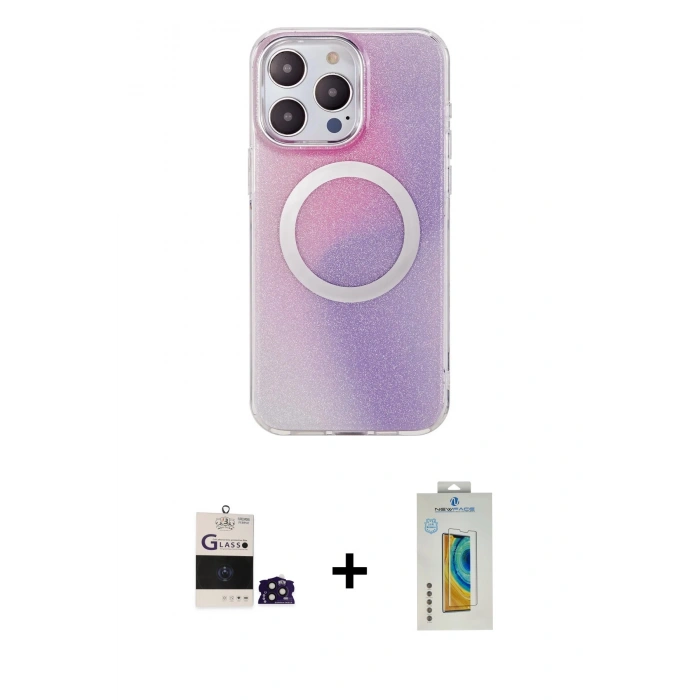 MARSİLYAN™- iPhone 14 Pro Max Kılıf Pusula Form - Siyah Polymer Nano Ekran Koruyucu + Derin Mor Bilvis Titan Kamera Lens
