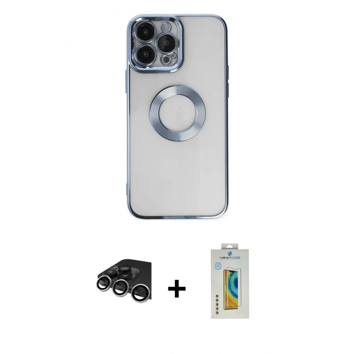 MARSİLYAN™- iPhone 14 Pro Max Kılıf Pusula Form - Siyah Polymer Nano Ekran Koruyucu + Gümüş Raze Metal Kamera Lens