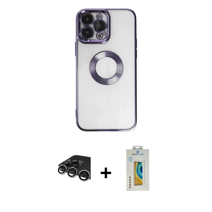 MARSİLYAN™- iPhone 14 Pro Max Kılıf Pusula Form - Siyah Polymer Nano Ekran Koruyucu + Gümüş Raze Metal Kamera Lens