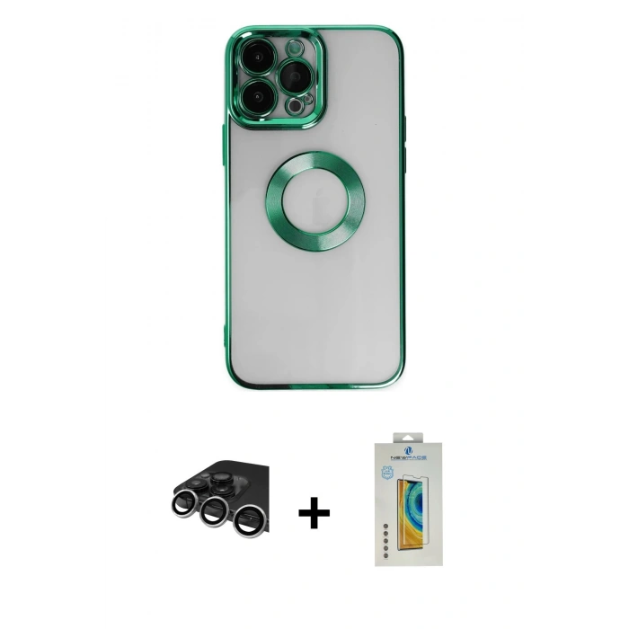 MARSİLYAN™- iPhone 14 Pro Max Kılıf Pusula Form - Siyah Polymer Nano Ekran Koruyucu + Gümüş Raze Metal Kamera Lens
