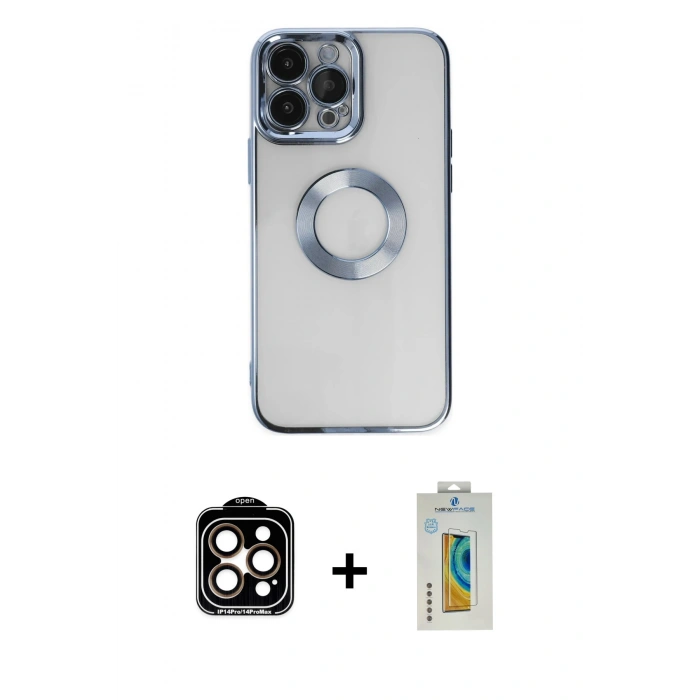 MARSİLYAN™- iPhone 14 Pro Max Kılıf Pusula Form - Siyah Polymer Nano Ekran Koruyucu + PVD Metal Kamera Lens - TU