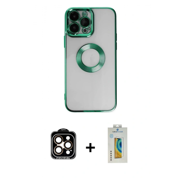 MARSİLYAN™- iPhone 14 Pro Max Kılıf Pusula Form - Siyah Polymer Nano Ekran Koruyucu + PVD Metal Kamera Lens - TU