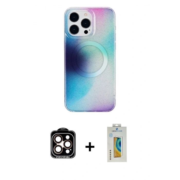 MARSİLYAN™- iPhone 14 Pro Max Kılıf Pusula Form - Siyah Polymer Nano Ekran Koruyucu + PVD Metal Kamera Lens - TU