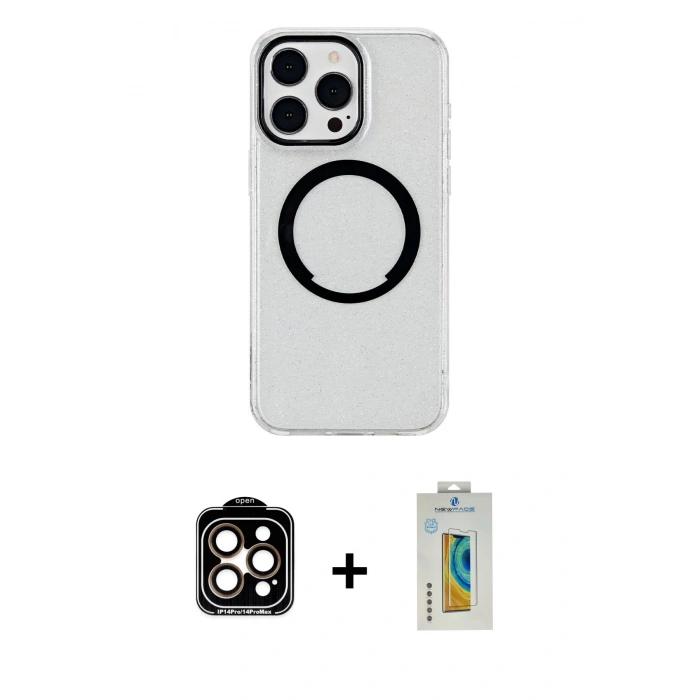 MARSİLYAN™- iPhone 14 Pro Max Kılıf Pusula Form - Siyah Polymer Nano Ekran Koruyucu + PVD Metal Kamera Lens - TU