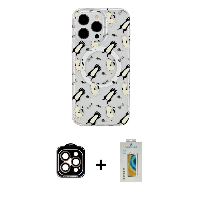 MARSİLYAN™- iPhone 14 Pro Max Kılıf Pusula Form - Siyah Polymer Nano Ekran Koruyucu + PVD Metal Kamera Lens - TU