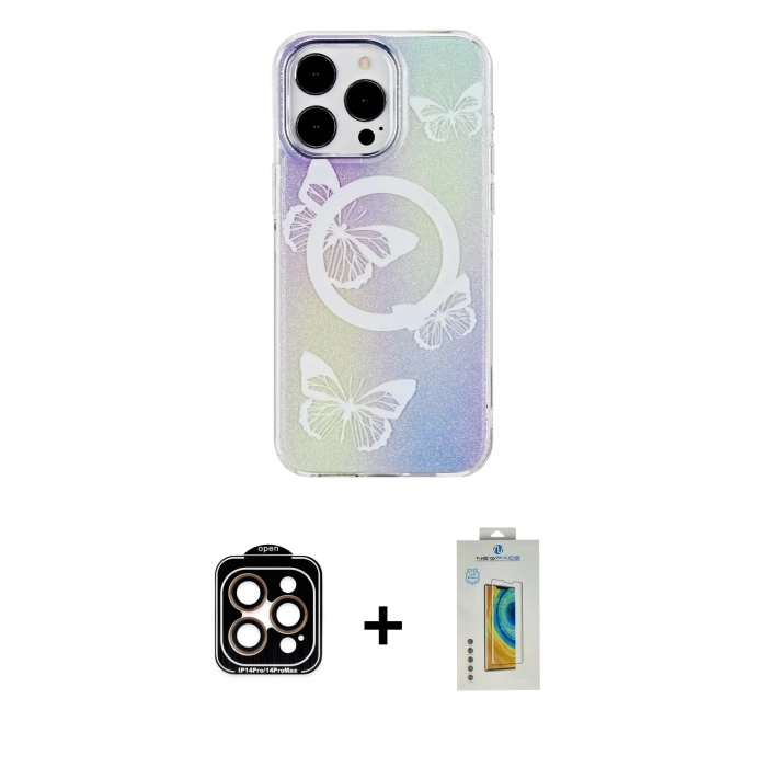 MARSİLYAN™- iPhone 14 Pro Max Kılıf Pusula Form - Siyah Polymer Nano Ekran Koruyucu + PVD Metal Kamera Lens - TU