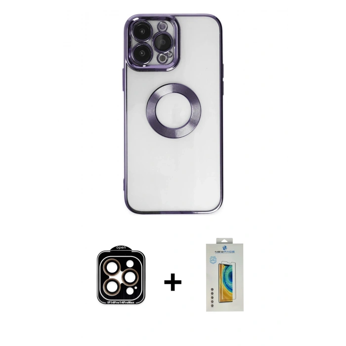 MARSİLYAN™- iPhone 14 Pro Max Kılıf Pusula Form - Siyah Polymer Nano Ekran Koruyucu + PVD Metal Kamera Lens - TU