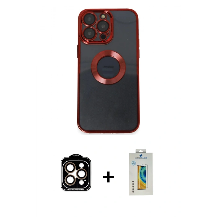 MARSİLYAN™- iPhone 14 Pro Max Kılıf Pusula Form - Siyah Polymer Nano Ekran Koruyucu + PVD Metal Kamera Lens - TU