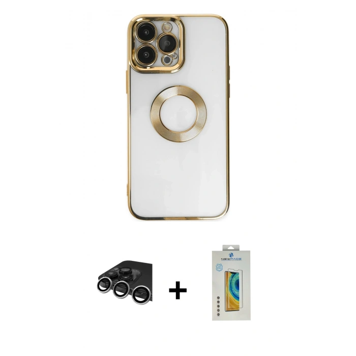 MARSİLYAN™- iPhone 14 Pro Max Kılıf Pusula Form - Siyah Polymer Nano Ekran Koruyucu + Raze Metal Kamera Lens - GS