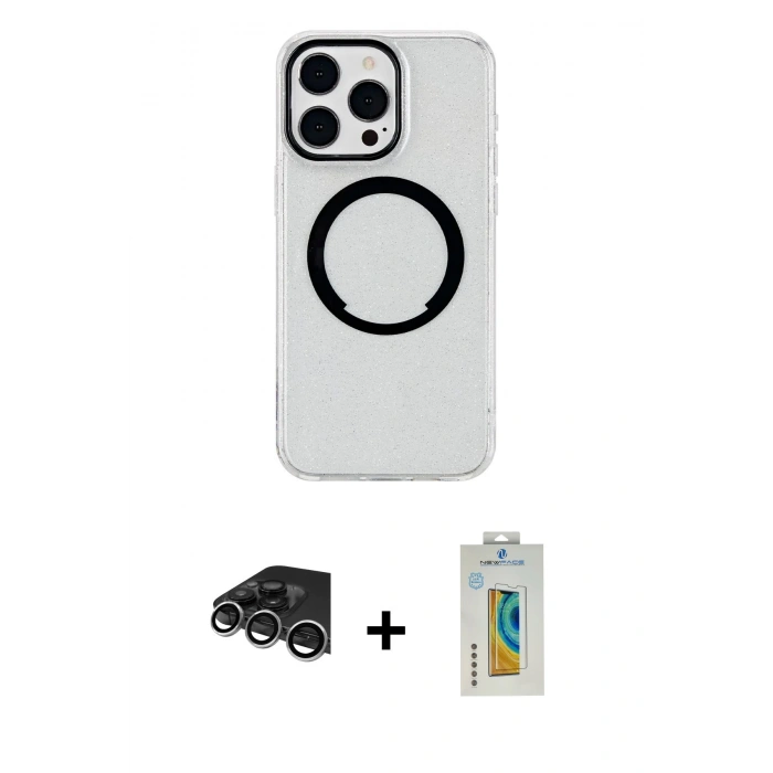 MARSİLYAN™- iPhone 14 Pro Max Kılıf Pusula Form - Siyah Polymer Nano Ekran Koruyucu + Raze Metal Kamera Lens - GS