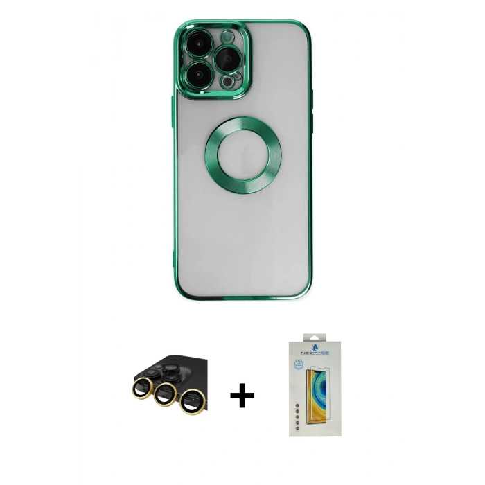 MARSİLYAN™- iPhone 14 Pro Max Kılıf Pusula Form - Siyah Polymer Nano Ekran Koruyucu + Raze Metal Kamera Lens - GD