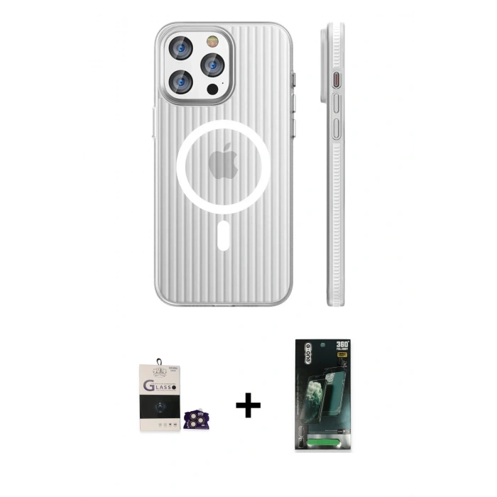 MARSİLYAN™- iPhone 14 Pro Max Kılıf Pusula Minimal Koleksiyonu - Şeffaf 360 Full Body Arka Koruyucu + Bilvis Titan Kamera Lens - GD