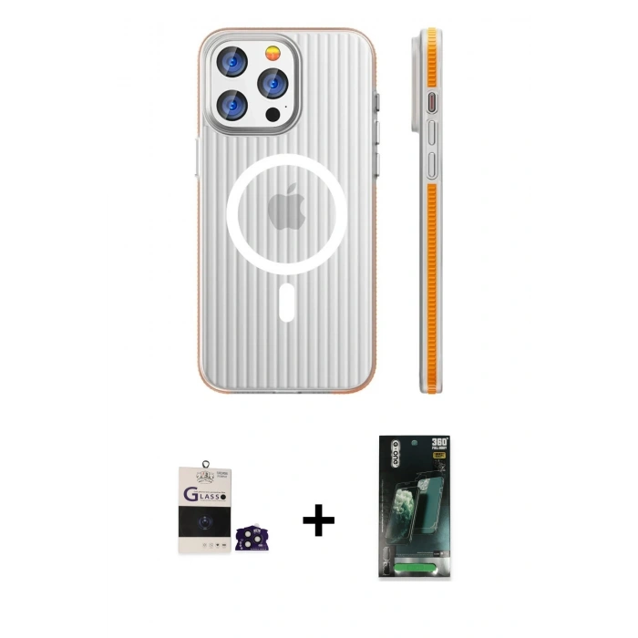 MARSİLYAN™- iPhone 14 Pro Max Kılıf Pusula Minimal Koleksiyonu - Şeffaf 360 Full Body Arka Koruyucu + Bilvis Titan Kamera Lens - DNMR