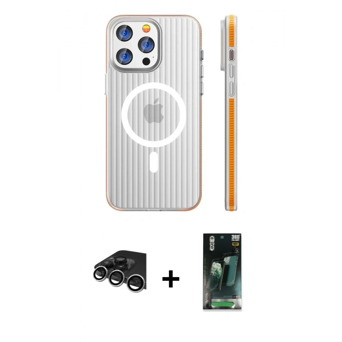 MARSİLYAN™- iPhone 14 Pro Max Kılıf Pusula Minimal Koleksiyonu - Şeffaf 360 Full Body Arka Koruyucu + Raze Metal Kamera Lens - GS