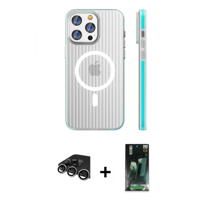 MARSİLYAN™- iPhone 14 Pro Max Kılıf Pusula Minimal Koleksiyonu - Şeffaf 360 Full Body Arka Koruyucu + Raze Metal Kamera Lens - GS