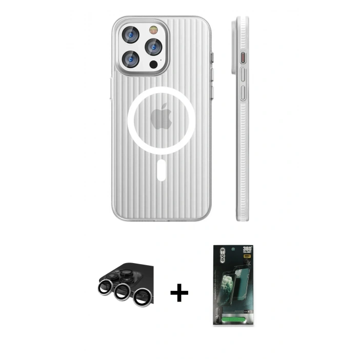MARSİLYAN™- iPhone 14 Pro Max Kılıf Pusula Minimal Koleksiyonu - Şeffaf 360 Full Body Arka Koruyucu + Raze Metal Kamera Lens - GS