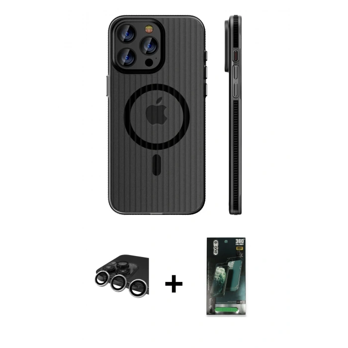 MARSİLYAN™- iPhone 14 Pro Max Kılıf Pusula Minimal Koleksiyonu - Şeffaf 360 Full Body Arka Koruyucu + Raze Metal Kamera Lens - GS