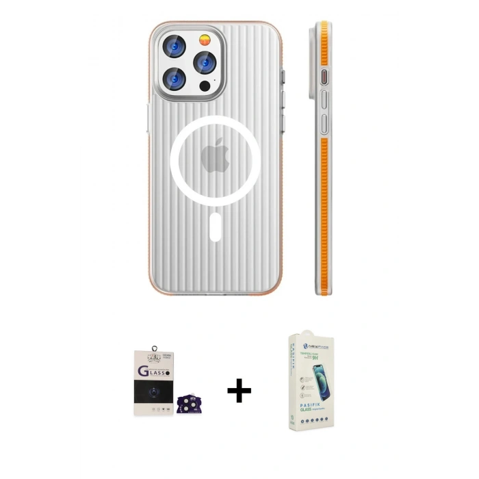 MARSİLYAN™- iPhone 14 Pro Max Kılıf Pusula Minimal Koleksiyonu - Şeffaf Pasifik Cam Ekran Koruyucu + Bilvis Titan Kamera Lens - DNMR