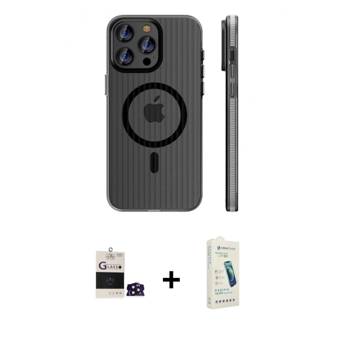 MARSİLYAN™- iPhone 14 Pro Max Kılıf Pusula Minimal Koleksiyonu - Şeffaf Pasifik Cam Ekran Koruyucu + Bilvis Titan Kamera Lens - DNMR