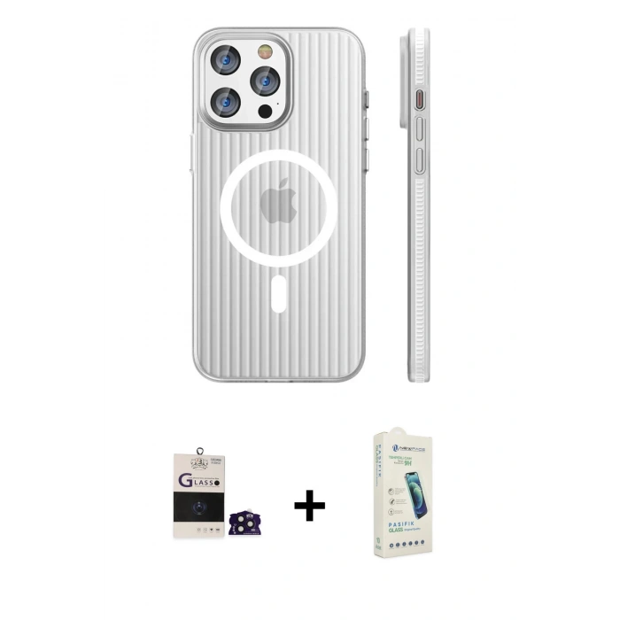 MARSİLYAN™- iPhone 14 Pro Max Kılıf Pusula Minimal Koleksiyonu - Şeffaf Pasifik Cam Ekran Koruyucu + Bilvis Titan Kamera Lens - DNMR