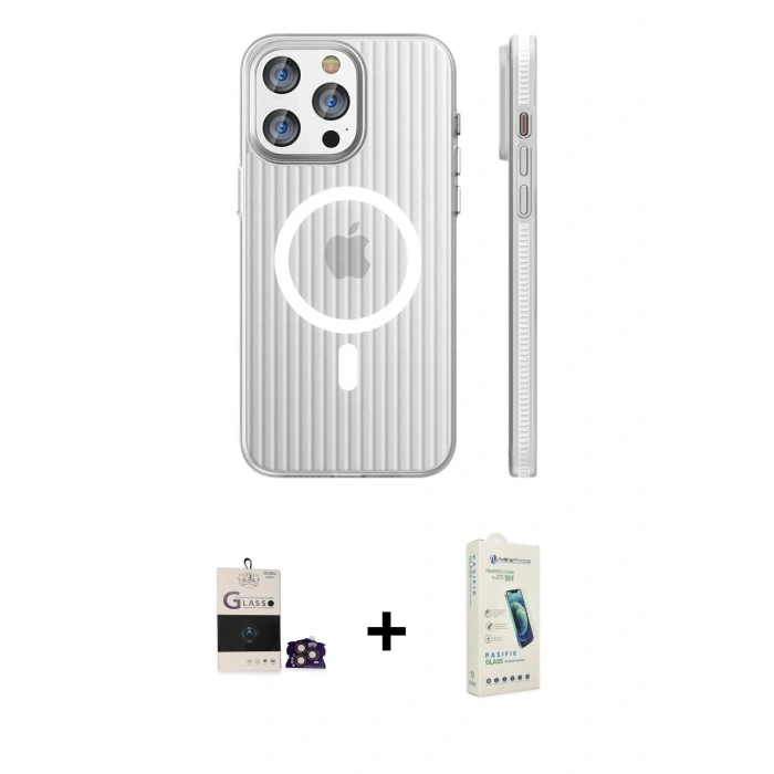 MARSİLYAN™- iPhone 14 Pro Max Kılıf Pusula Minimal Koleksiyonu - Şeffaf Pasifik Cam Ekran Koruyucu + Bilvis Titan Kamera Lens - GD