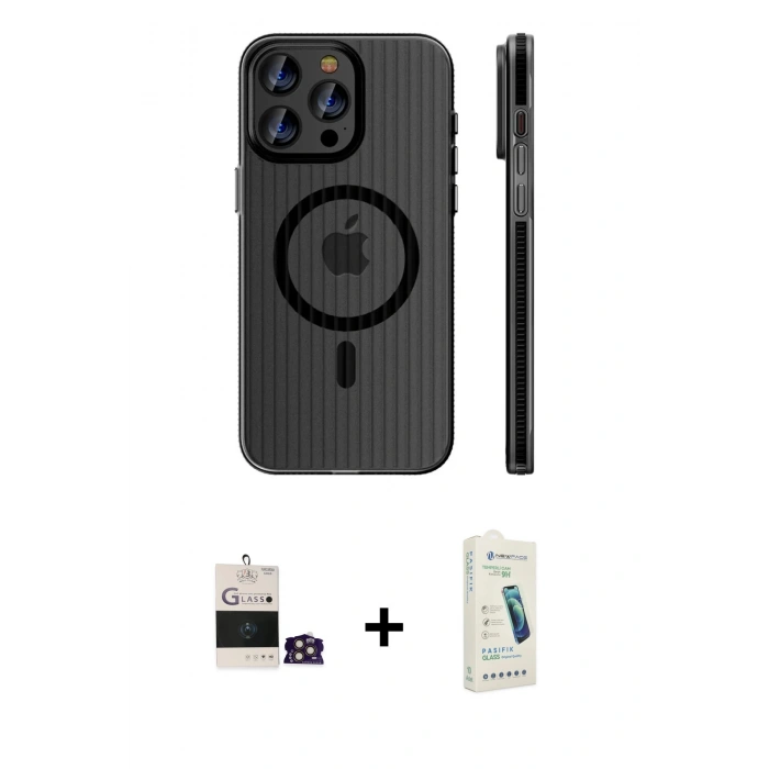 MARSİLYAN™- iPhone 14 Pro Max Kılıf Pusula Minimal Koleksiyonu - Şeffaf Pasifik Cam Ekran Koruyucu + Bilvis Titan Kamera Lens - GD