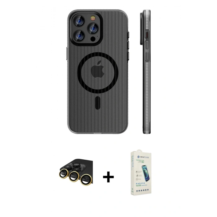 MARSİLYAN™- iPhone 14 Pro Max Kılıf Pusula Minimal Koleksiyonu - Şeffaf Pasifik Cam Ekran Koruyucu + Raze Metal Kamera Lens - GD