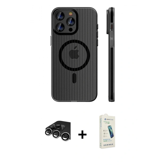 MARSİLYAN™- iPhone 14 Pro Max Kılıf Pusula Minimal Koleksiyonu - Şeffaf Pasifik Cam Ekran Koruyucu + Raze Metal Kamera Lens - GS
