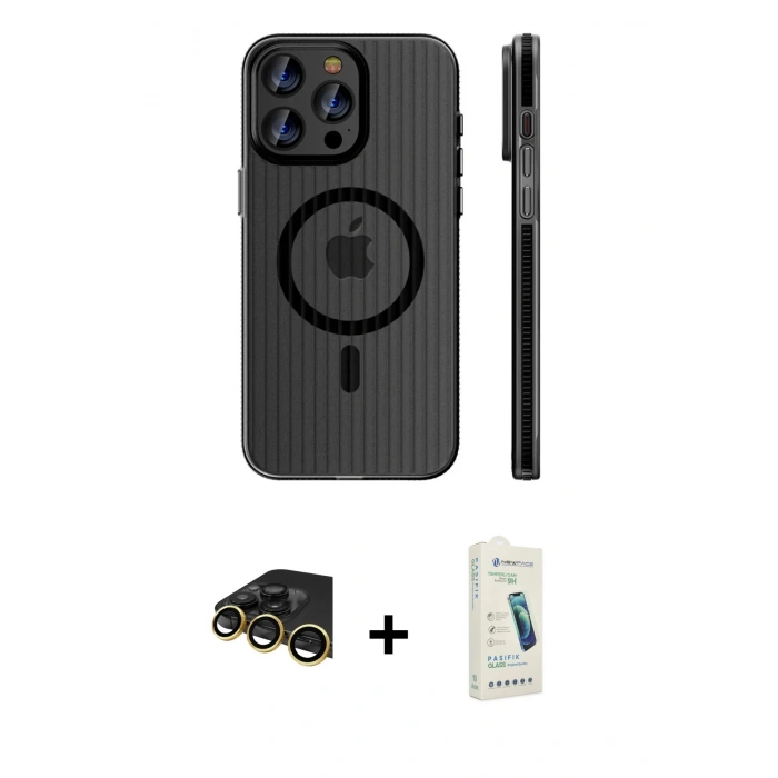 MARSİLYAN™- iPhone 14 Pro Max Kılıf Pusula Minimal Koleksiyonu - Şeffaf Pasifik Cam Ekran Koruyucu + Raze Metal Kamera Lens - GD
