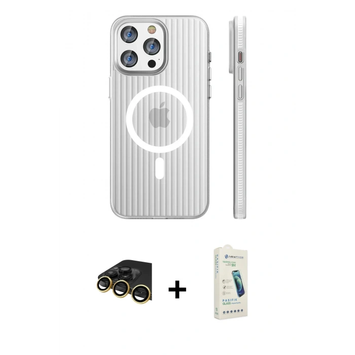MARSİLYAN™- iPhone 14 Pro Max Kılıf Pusula Minimal Koleksiyonu - Şeffaf Pasifik Cam Ekran Koruyucu + Raze Metal Kamera Lens - GD
