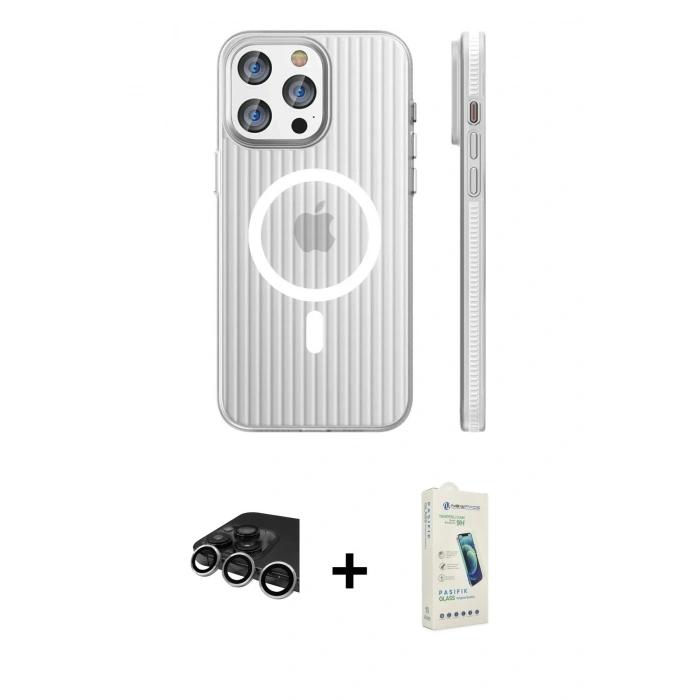 MARSİLYAN™- iPhone 14 Pro Max Kılıf Pusula Minimal Koleksiyonu - Şeffaf Pasifik Cam Ekran Koruyucu + Raze Metal Kamera Lens - GS