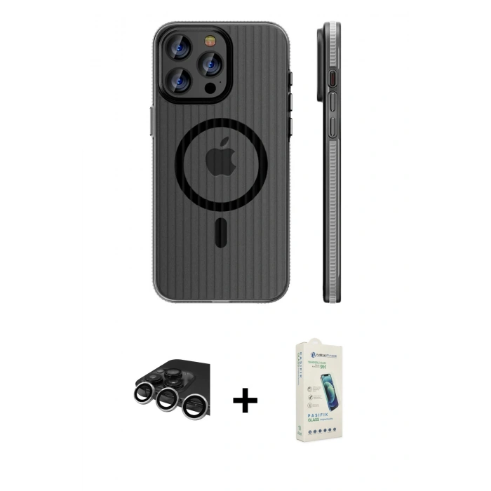 MARSİLYAN™- iPhone 14 Pro Max Kılıf Pusula Minimal Koleksiyonu - Şeffaf Pasifik Cam Ekran Koruyucu + Raze Metal Kamera Lens - GS