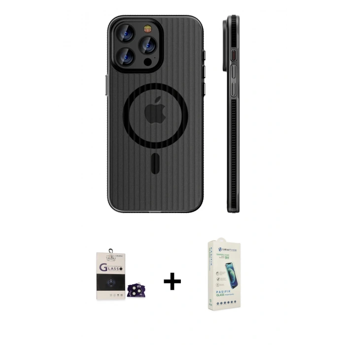 MARSİLYAN™- iPhone 14 Pro Max Kılıf Pusula Minimal Koleksiyonu - Şeffaf Pasifik Cam Ekran Koruyucu + Siyah Bilvis Titan Kamera Lens