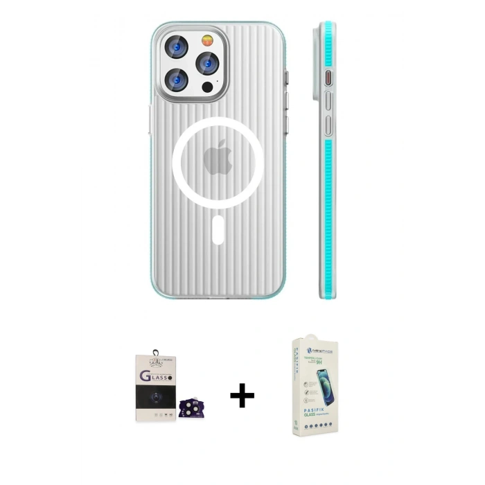 MARSİLYAN™- iPhone 14 Pro Max Kılıf Pusula Minimal Koleksiyonu - Şeffaf Pasifik Cam Ekran Koruyucu + Siyah Bilvis Titan Kamera Lens