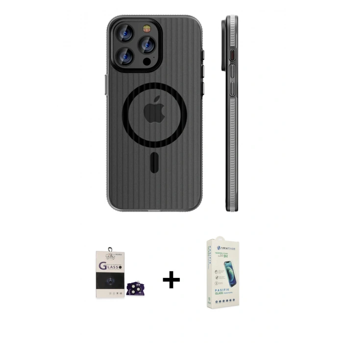 MARSİLYAN™- iPhone 14 Pro Max Kılıf Pusula Minimal Koleksiyonu - Şeffaf Pasifik Cam Ekran Koruyucu + Siyah Bilvis Titan Kamera Lens