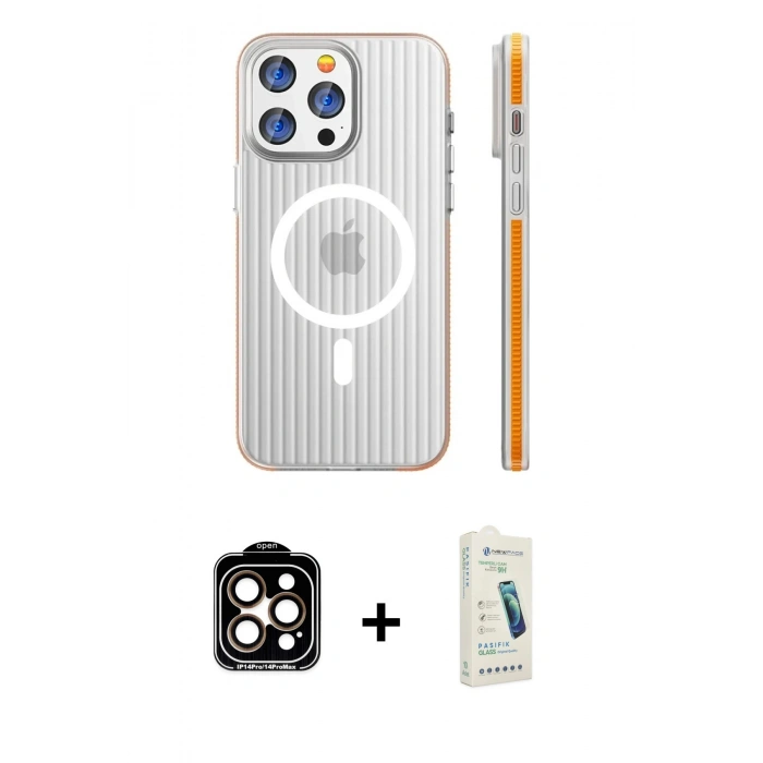 MARSİLYAN™- iPhone 14 Pro Max Kılıf Pusula Minimal Koleksiyonu - Şeffaf Pasifik Cam Ekran Koruyucu + PVD Metal Kamera Lens - TU