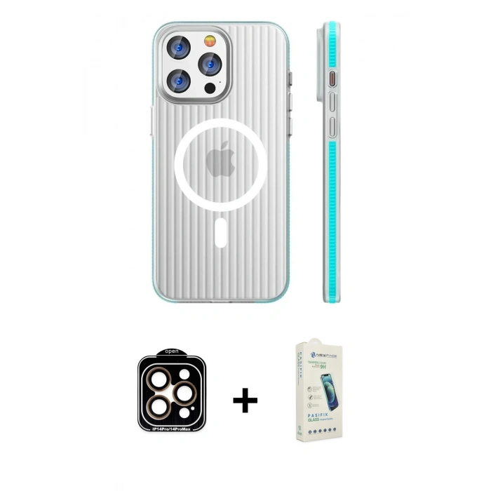 MARSİLYAN™- iPhone 14 Pro Max Kılıf Pusula Minimal Koleksiyonu - Şeffaf Pasifik Cam Ekran Koruyucu + PVD Metal Kamera Lens - TU