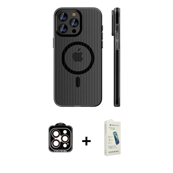 MARSİLYAN™- iPhone 14 Pro Max Kılıf Pusula Minimal Koleksiyonu - Şeffaf Pasifik Cam Ekran Koruyucu + PVD Metal Kamera Lens - TU