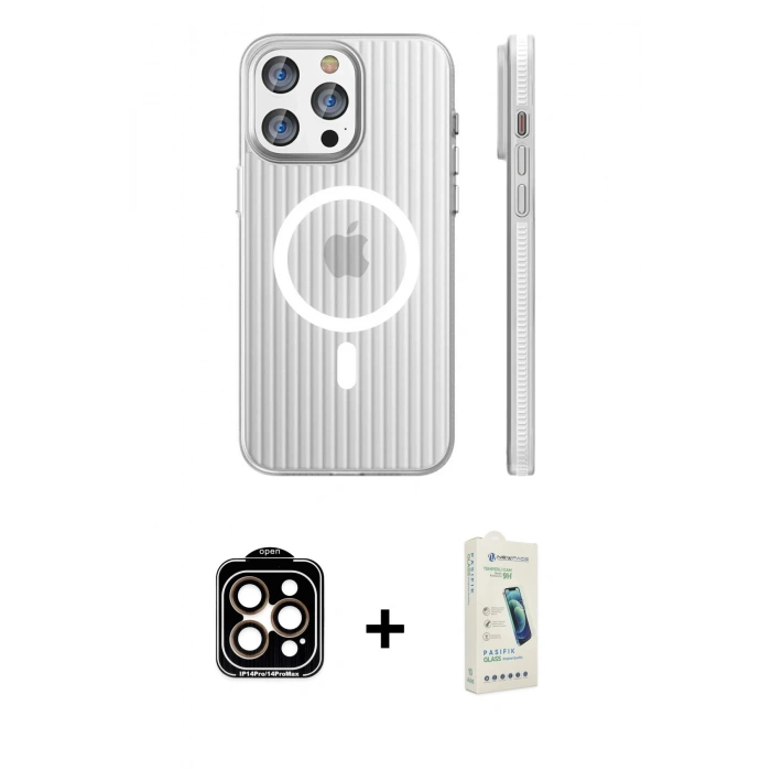 MARSİLYAN™- iPhone 14 Pro Max Kılıf Pusula Minimal Koleksiyonu - Şeffaf Pasifik Cam Ekran Koruyucu + PVD Metal Kamera Lens - TU