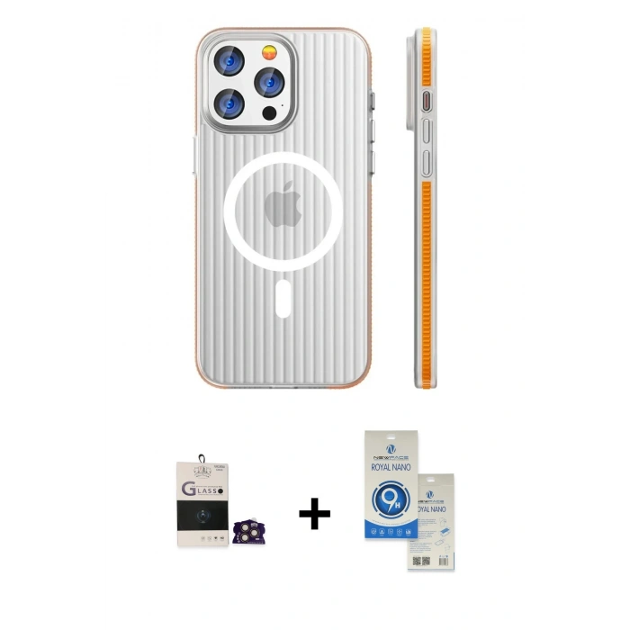 MARSİLYAN™- iPhone 14 Pro Max Kılıf Pusula Minimal Koleksiyonu - Şeffaf Royal Nano Ekran Koruyucu + Bilvis Titan Kamera Lens - GD