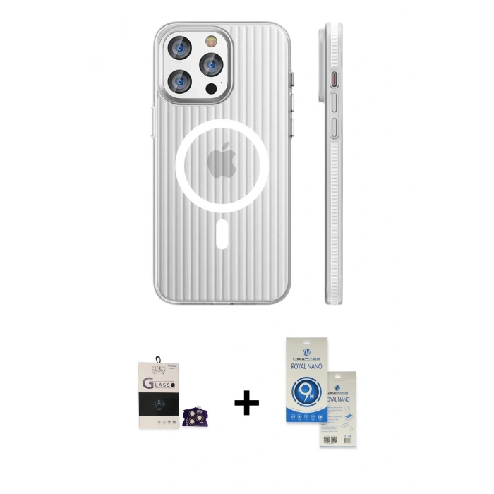 MARSİLYAN™- iPhone 14 Pro Max Kılıf Pusula Minimal Koleksiyonu - Şeffaf Royal Nano Ekran Koruyucu + Bilvis Titan Kamera Lens - GD